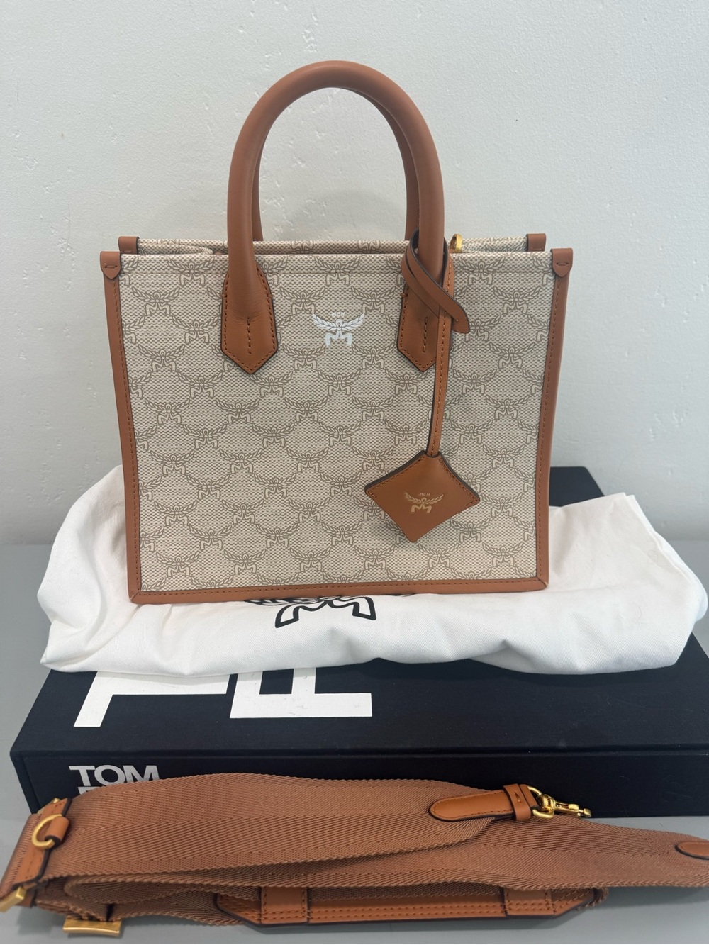 MCM Beige Monogram Canvas Tote with Cognac Leather Trim